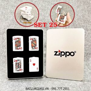 BỘ 4 BẬT LỬA ZIPPO 2 MẶT HÌNH LÁ BÀI "BỒI - ĐẦM - GIÀ - ÁT CƠ" (FULLBOX) - (XÀI XĂNG) SET 25