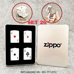 BỘ 4 BẬT LỬA ZIPPO 2 MẶT HÌNH LÁ BÀI "TỨ QUÝ ÁT" (FULLBOX) - (XÀI XĂNG) SET 26