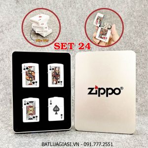 BỘ 4 BẬT LỬA ZIPPO 2 MẶT HÌNH LÁ BÀI "BỒI - ĐẦM - GIÀ - ÁT BÍCH" (FULLBOX) - (XÀI XĂNG) SET 24