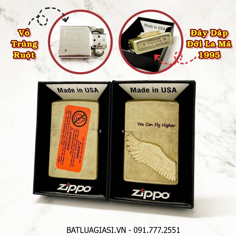 BẬT LỬA ZIPPO MỸ VÀNG CỔ HÌNH NỔI CÁNH THIÊN THẦN - ĐỜI LA MÃ 1995 - RUỘT USA (CÓ TEM ĐỎ) - (XÀI XĂNG) #VÀNG CỔ