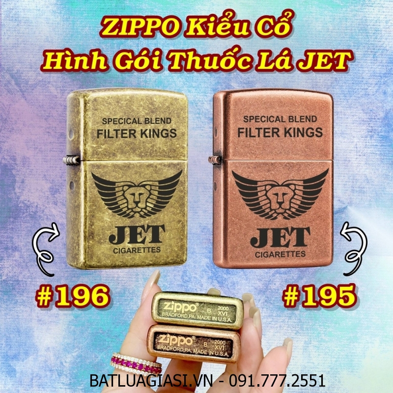 BẬT LỬA ZIPPO KIỂU CỔ HÌNH GÓI THUỐC LÁ JET (CÓ MỘC ĐÁY) - (XÀI XĂNG)