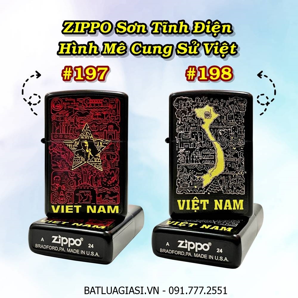 BẬT LỬA ZIPPO SƠN TĨNH ĐIỆN HÌNH MÊ CUNG SỬ VIỆT - VIỆT NAM CÁC KIỂU (CÓ MỘC ĐÁY) - (XÀI XĂNG)