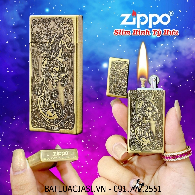 BẬT LỬA ZIPPO SLIM HÌNH TỲ HƯU GIỮ TIỀN - (XÀI XĂNG)