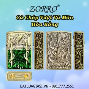 BẬT LỬA ZIPPO ZORRO HÌNH CÁ CHÉP VƯỢT VŨ MÔN HÓA RỒNG DẬP NỔI 6 MẶT (FULLBOX) - (XÀI XĂNG) #VÀNG