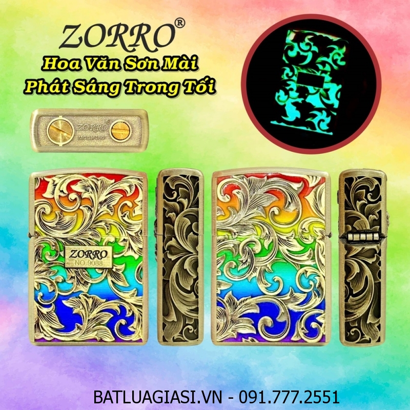 BẬT LỬA ZIPPO ZORRO HÌNH HOA VĂN SƠN MÀI PHÁT SÁNG TRONG TỐI DẬP NỔI 6 MẶT (FULLBOX) - (XÀI XĂNG)