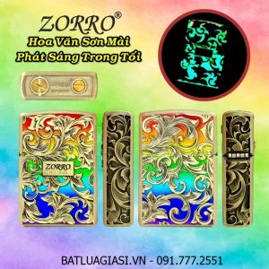 BẬT LỬA ZIPPO ZORRO HÌNH HOA VĂN SƠN MÀI PHÁT SÁNG TRONG TỐI DẬP NỔI 6 MẶT (FULLBOX) - (XÀI XĂNG)