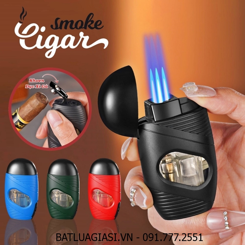 BẬT LỬA KHÈ XÌ GÀ 3 TIA KIỂU QUẢ TRỨNG GAS LỘ THIÊN (CÓ KHOEN ĐỤC XÌ GÀ) (KHÈ CIGAR) (FULLBOX) - (XÀI GAS)