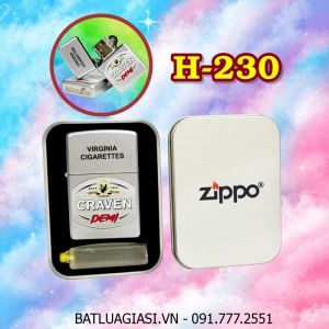 BẬT LỬA ZIPPO SƠN TĨNH ĐIỆN 2 MẶT HÌNH GÓI THUỐC LÁ CON MÈO BẠC CRAVEN DEMI (HỘP THIẾC KÈM XĂNG) H-230