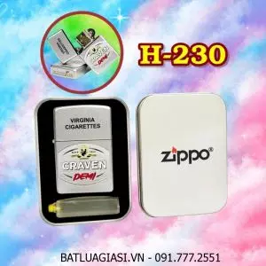 BẬT LỬA ZIPPO SƠN TĨNH ĐIỆN 2 MẶT HÌNH GÓI THUỐC LÁ CON MÈO BẠC CRAVEN DEMI (HỘP THIẾC KÈM XĂNG) H-230