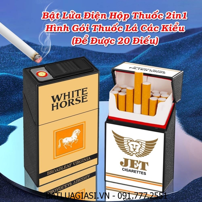 BẬT LỬA ĐIỆN HỘP THUỐC 2IN1 HÌNH GÓI THUỐC LÁ CON NGỰA TRẮNG WHITE HORSE (ĐỂ ĐƯỢC 20 ĐIẾU THUỐC) - (SẠC ĐIỆN)
