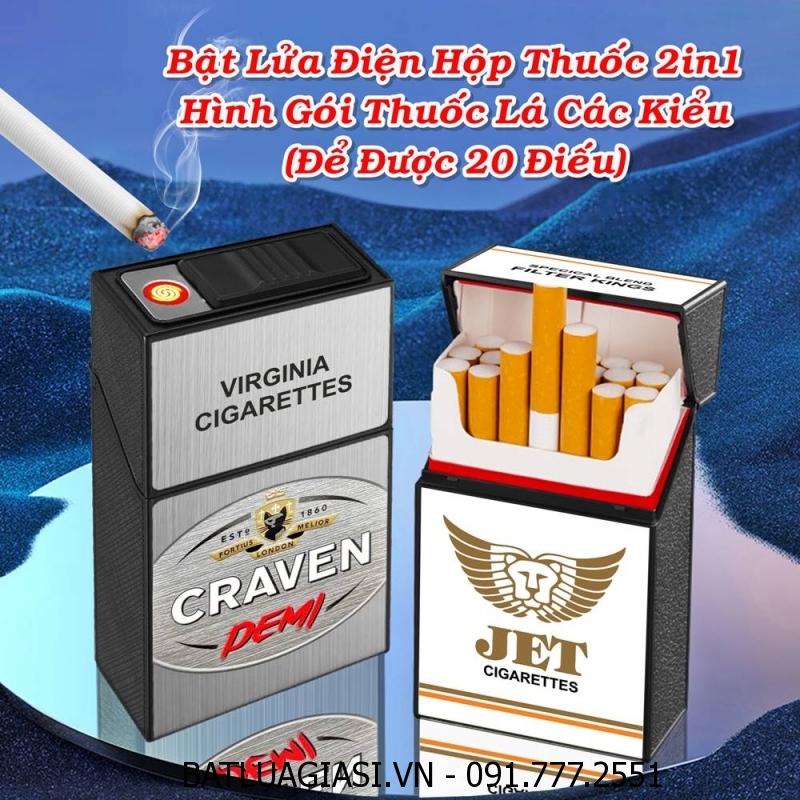 BẬT LỬA ĐIỆN HỘP THUỐC 2IN1 HÌNH GÓI THUỐC LÁ CON MÈO BẠC CRAVEN DEMI (ĐỂ ĐƯỢC 20 ĐIẾU THUỐC) - (SẠC ĐIỆN)