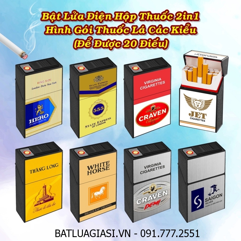 BẬT LỬA ĐIỆN HỘP THUỐC 2IN1 HÌNH GÓI THUỐC LÁ CÁC KIỂU (ĐỂ ĐƯỢC 20 ĐIẾU THUỐC) - (SẠC ĐIỆN)