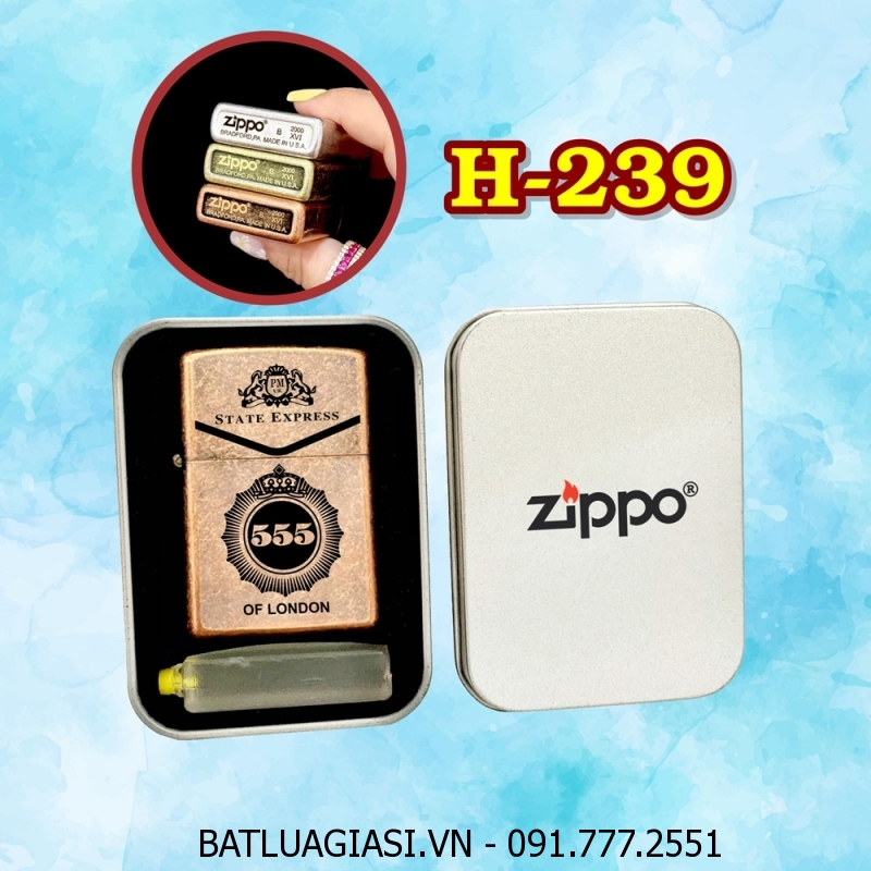 BẬT LỬA ZIPPO ĐỒNG CỔ HÌNH GÓI THUỐC LÁ 555 (CÓ MỘC ĐÁY) (HỘP THIẾC KÈM XĂNG) H-239