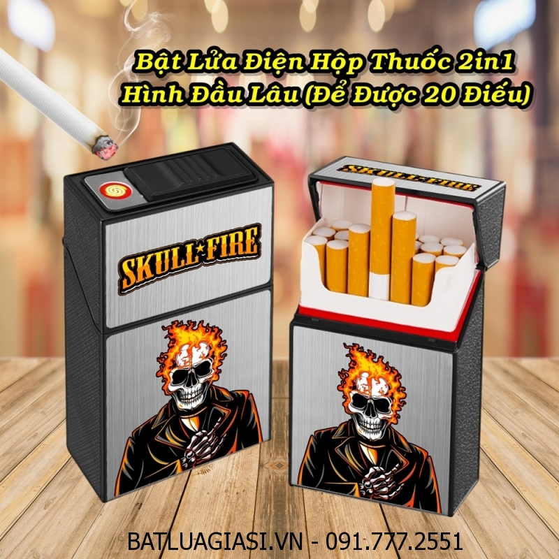 BẬT LỬA ĐIỆN HỘP THUỐC 2IN1 HÌNH ĐẦU LÂU (ĐỂ ĐƯỢC 20 ĐIẾU) (FULLBOX) - (SẠC ĐIỆN)