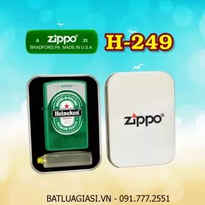 BẬT LỬA ZIPPO SƠN TĨNH ĐIỆN 2 MẶT HÌNH LOGO BIA HEINEKEN (CÓ MỘC ĐÁY) (HỘP THIẾC KÈM XĂNG) H-249
