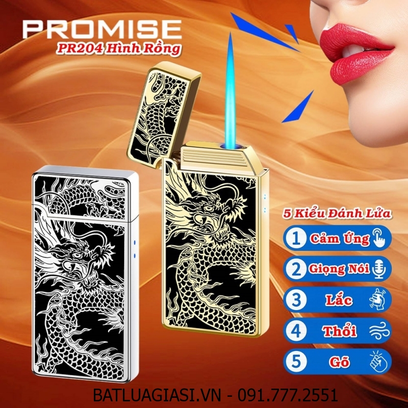 BẬT LỬA CẢM BIẾN GIỌNG NÓI PROMISE PR204 HÌNH RỒNG PHỦ BÓNG (CÓ 5 KIỂU ĐÁNH LỬA) (FULLBOX) - (XÀI GAS + SẠC ĐIỆN)
