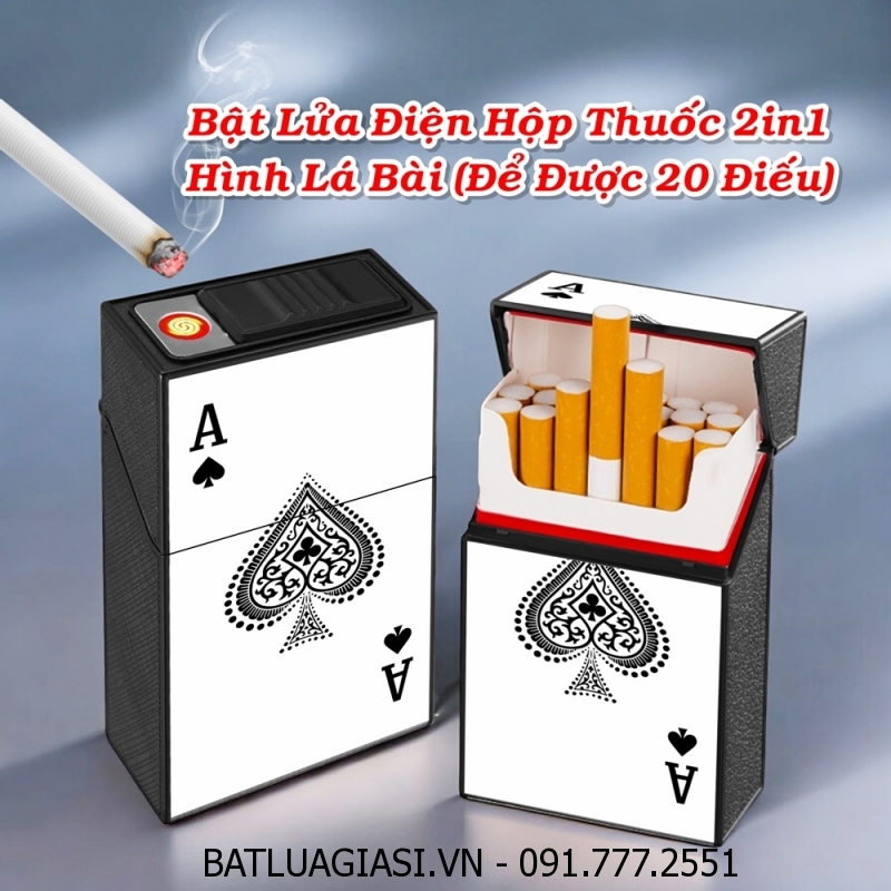 BẬT LỬA ĐIỆN HỘP THUỐC 2IN1 HÌNH LÁ BÀI TRẮNG (ĐỂ ĐƯỢC 20 ĐIẾU THUỐC) (FULLBOX) - (SẠC ĐIỆN) #TRẮNG