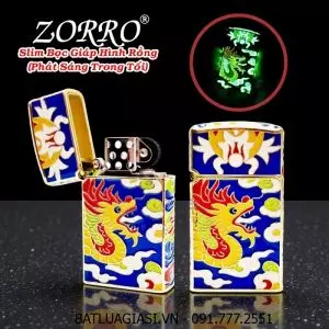 BẬT LỬA ZIPPO SLIM ZORRO BỌC GIÁP HÌNH RỒNG DẠ QUANG PHÁT SÁNG TRONG TỐI (FULLBOX) - (XÀI XĂNG)