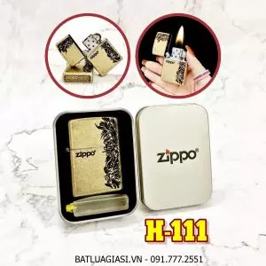 BẬT LỬA ZIPPO VÀNG CỔ HÌNH HOA VĂN (CÓ MỘC ĐÁY) - (HỘP THIẾC KÈM XĂNG) H-111