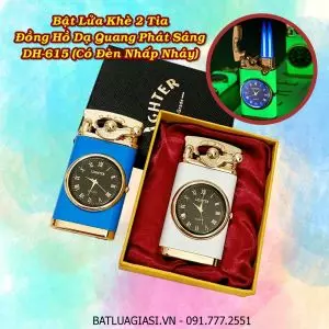 BẬT LỬA KHÈ 2 TIA ĐỒNG HỒ DẠ QUANG PHÁT ÁNH SÁNG TRONG TỐI DH-615 (CÓ ĐÈN NHẤP NHÁY) (CÓ HỘP) - (XÀI GAS)
