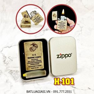 BẬT LỬA ZIPPO VÀNG CỔ U.S MARINE CORPS (THỦY QUÂN LỤC CHIẾN HOA KỲ) (CÓ MỘC ĐÁY) - (HỘP THIẾC KÈM XĂNG) H-101