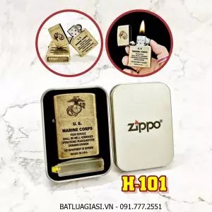 BẬT LỬA ZIPPO VÀNG CỔ U.S MARINE CORPS (THỦY QUÂN LỤC CHIẾN HOA KỲ) (CÓ MỘC ĐÁY) - (HỘP THIẾC KÈM XĂNG) H-101