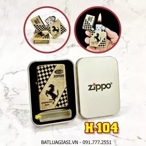 BẬT LỬA ZIPPO VÀNG CỔ LOGO SIÊU XE FERRARI (CÓ MỘC ĐÁY) - (HỘP THIẾC KÈM XĂNG) H-104