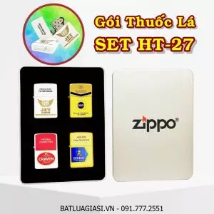 BỘ 4 BẬT LỬA ZIPPO SƠN TĨNH ĐIỆN 2 MẶT HÌNH GÓI THUỐC LÁ CÁC KIỂU "HERO - 555 - JET - CRAVEN" (HỘP THIẾC) - (XÀI XĂNG) SET HT-27