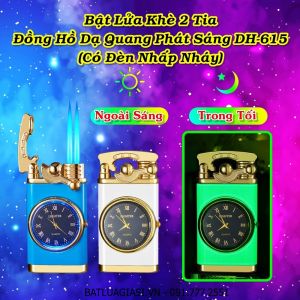 BẬT LỬA KHÈ 2 TIA ĐỒNG HỒ DẠ QUANG PHÁT ÁNH SÁNG TRONG TỐI DH-615 (CÓ ĐÈN NHẤP NHÁY) - (XÀI GAS)