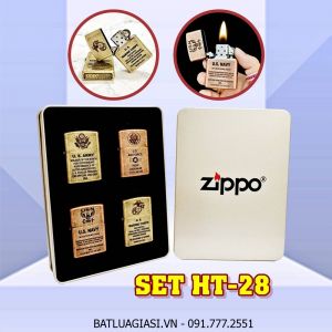 BỘ 4 BÂT LỬA ZIPPO VÀNG CỔ - ĐỒNG CỔ LOGO U.S CÁC KIỂU - (XÀI XĂNG) SET HT-28
