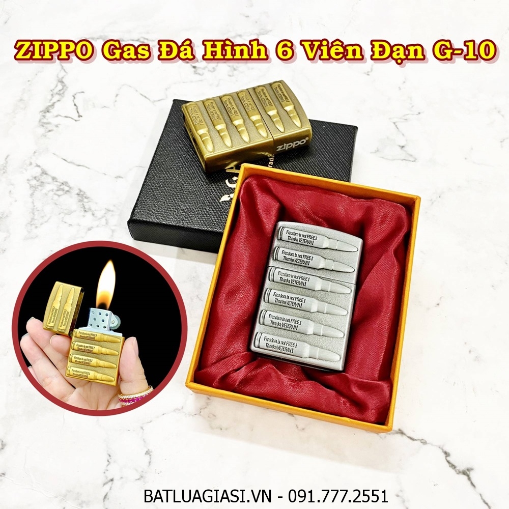 BẬT LỬA ZIPPO GAS ĐÁ HÌNH 6 VIÊN ĐẠN G-10 (CÓ HỘP) - (XÀI GAS)