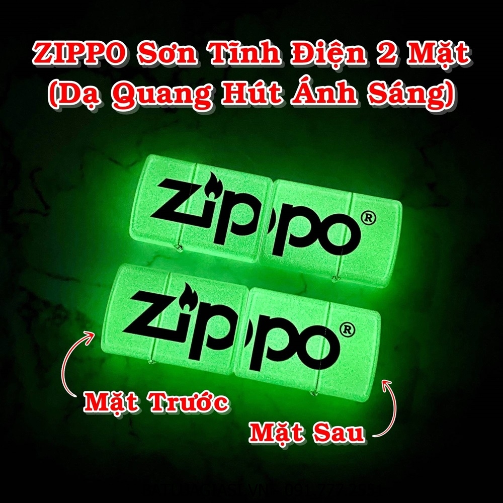 BẬT LỬA ZIPPO SƠN TĨNH ĐIỆN 2 MẶT LOGO ZIPPO - DẠ QUANG HÚT ÁNH SÁNG (CÓ MỘC ĐÁY) - (XÀI XĂNG)