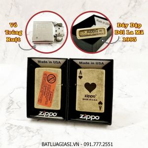 BẬT LỬA ZIPPO MỸ VÀNG CỔ HÌNH LÁ BÀI ÁCH CƠ - ĐỜI LA MÃ 1995 - RUỘT USA (CÓ TEM ĐỎ) - (XÀI XĂNG) #VÀNG CỔ