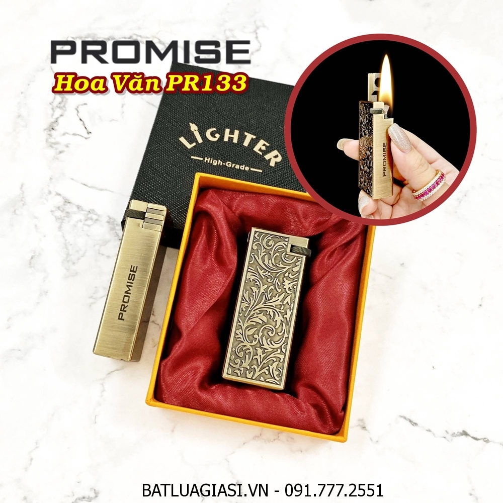 BẬT LỬA XĂNG ĐÁ PROMISE ĐÁNH LỬA NGANG HOA VĂN DẬP NỔI PR133 - KIM LOẠI NGUYÊN KHỐI (CÓ HỘP) - (XÀI XĂNG)