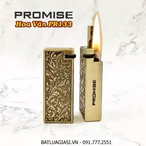 BẬT LỬA XĂNG ĐÁ PROMISE ĐÁNH LỬA NGANG HOA VĂN DẬP NỔI PR133 - KIM LOẠI NGUYÊN KHỐI - (XÀI XĂNG)