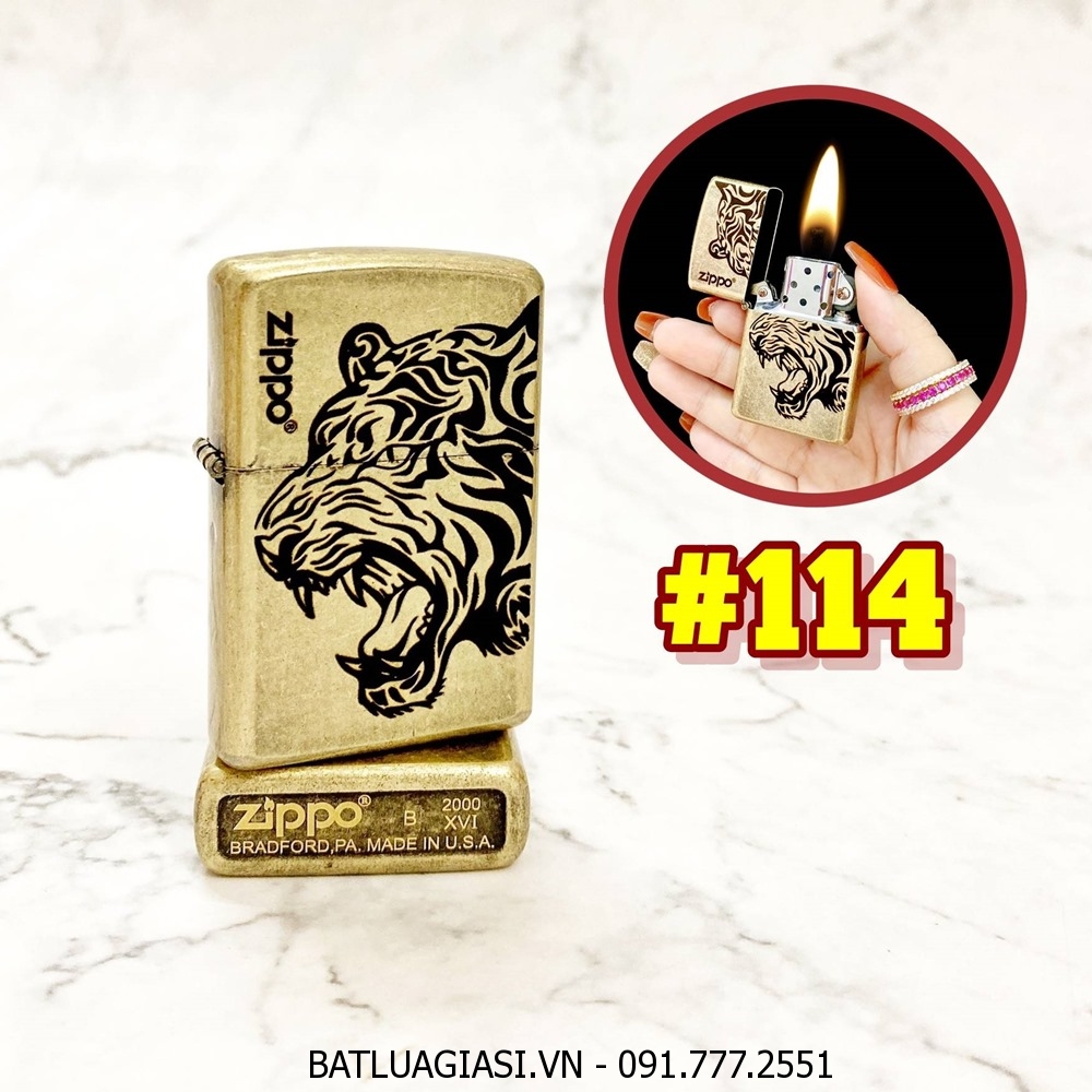 BẬT LỬA ZIPPO VÀNG CỔ HÌNH ĐẦU HỔ (CÓ MỘC ĐÁY) - (XÀI XĂNG) #114