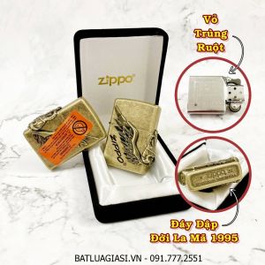 BẬT LỬA ZIPPO MỸ VÀNG CỔ HÌNH NỔI "KING SKULL" - ĐỜI LA MÃ 1995 - RUỘT USA (CÓ TEM ĐỎ) - (XÀI XĂNG) #VÀNG CỔ
