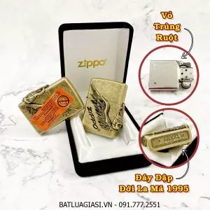 BẬT LỬA ZIPPO MỸ VÀNG CỔ HÌNH NỔI "KING SKULL" - ĐỜI LA MÃ 1995 - RUỘT USA (CÓ TEM ĐỎ) - (XÀI XĂNG) #VÀNG CỔ