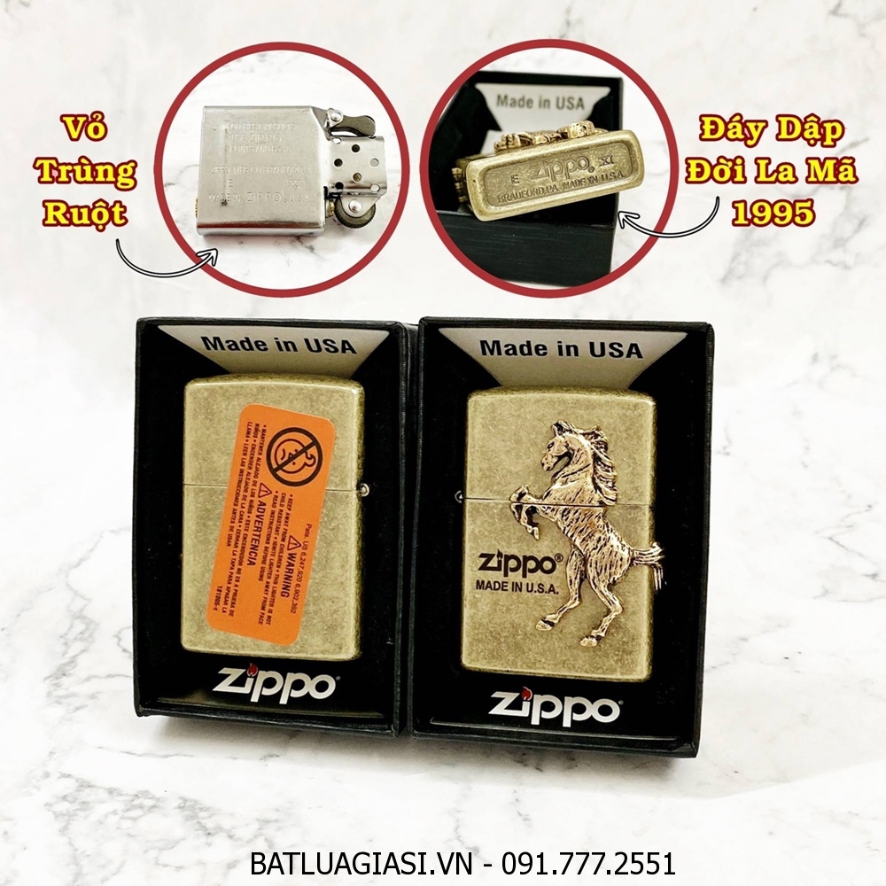 BẬT LỬA ZIPPO MỸ VÀNG CỔ HÌNH NỔI CON NGỰA \