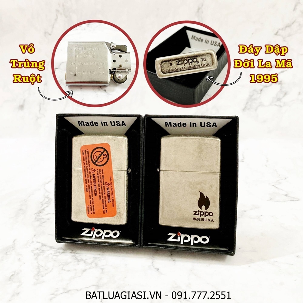 BẬT LỬA ZIPPO MỸ BẠC CỔ LOGO NGỌN LỬA - ĐỜI LA MÃ 1995 - RUỘT USA (CÓ TEM ĐỎ) - (XÀI XĂNG) #BẠC CỔ